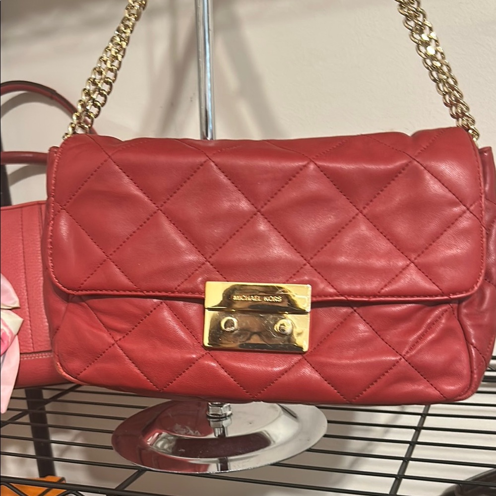 Michael Kors Red Quilted Shoulder Bag with Gold Chain